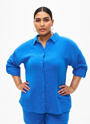 Skjorta med krage av bomullsmuslin, Victoria blue, Model image number 0