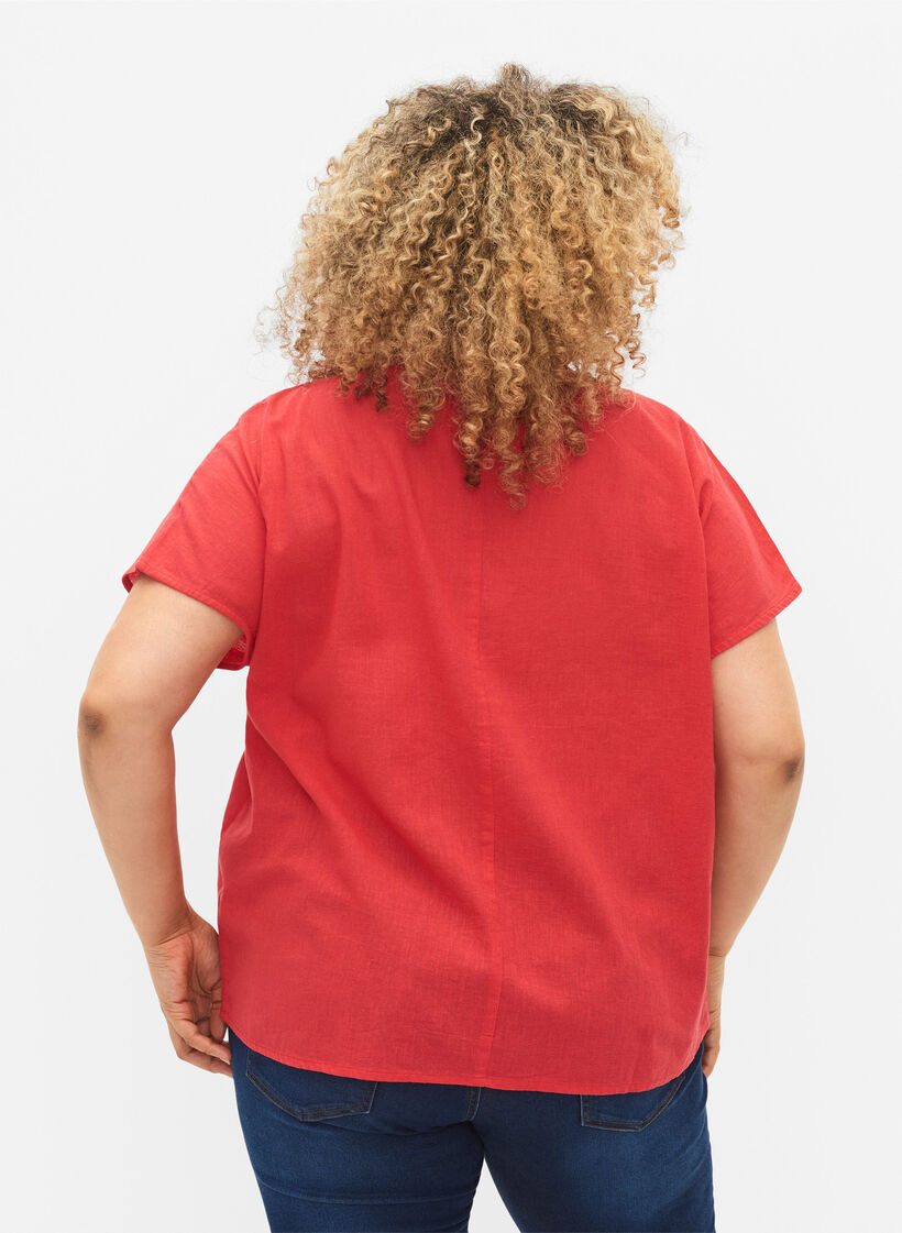 Kort&auml;rmad blus i bomullsmix med linne, Hibiscus, Model image number 1