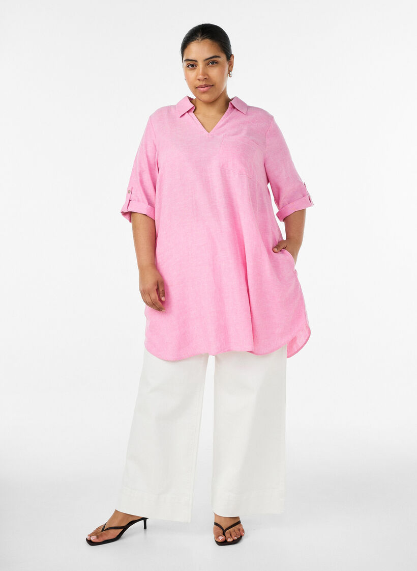 Tunika i linne och viskos med A-linjeform, Rosa, Model image number 1