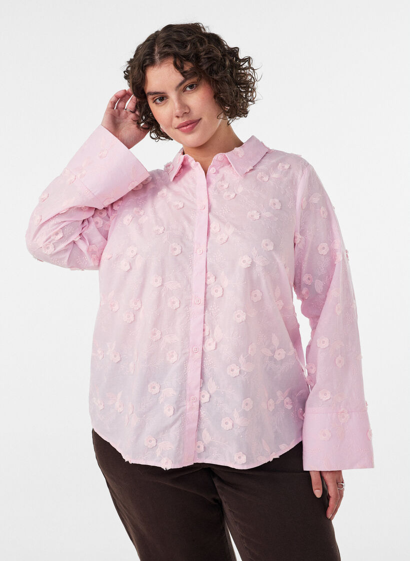 Skjorta med blommigt broderi och vida &auml;rmar, Rosa, Model image number 0