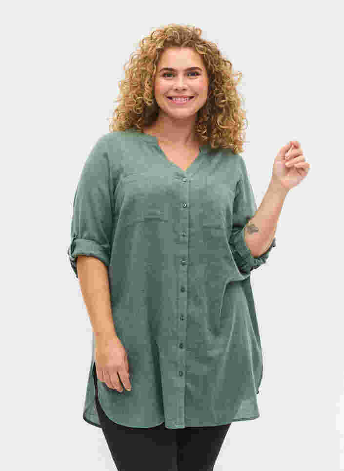 Lång skjorta med 3/4-ärmar och v-ringning, Balsam Green, Model image number 0