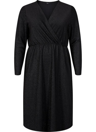 Glitterklänning med omlott och långa ärmar, Black Black, Packshot image number 0