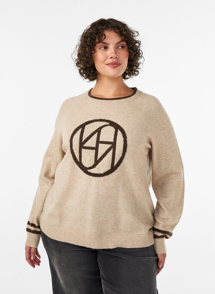 Tr&ouml;ja med logga och kontrastr&auml;nder, Beige, Model image number 0
