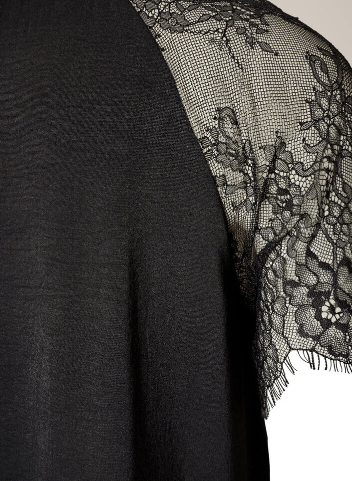 Blus med korta &auml;rmar i spets och h&ouml;g krage, Svart, Packshot image number 3