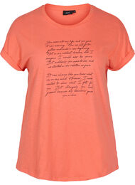 T-shirt i ekologisk bomull med tryck, Living Coral Text