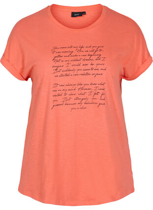 T-shirt i ekologisk bomull med tryck, Living Coral Text, Packshot image number 0