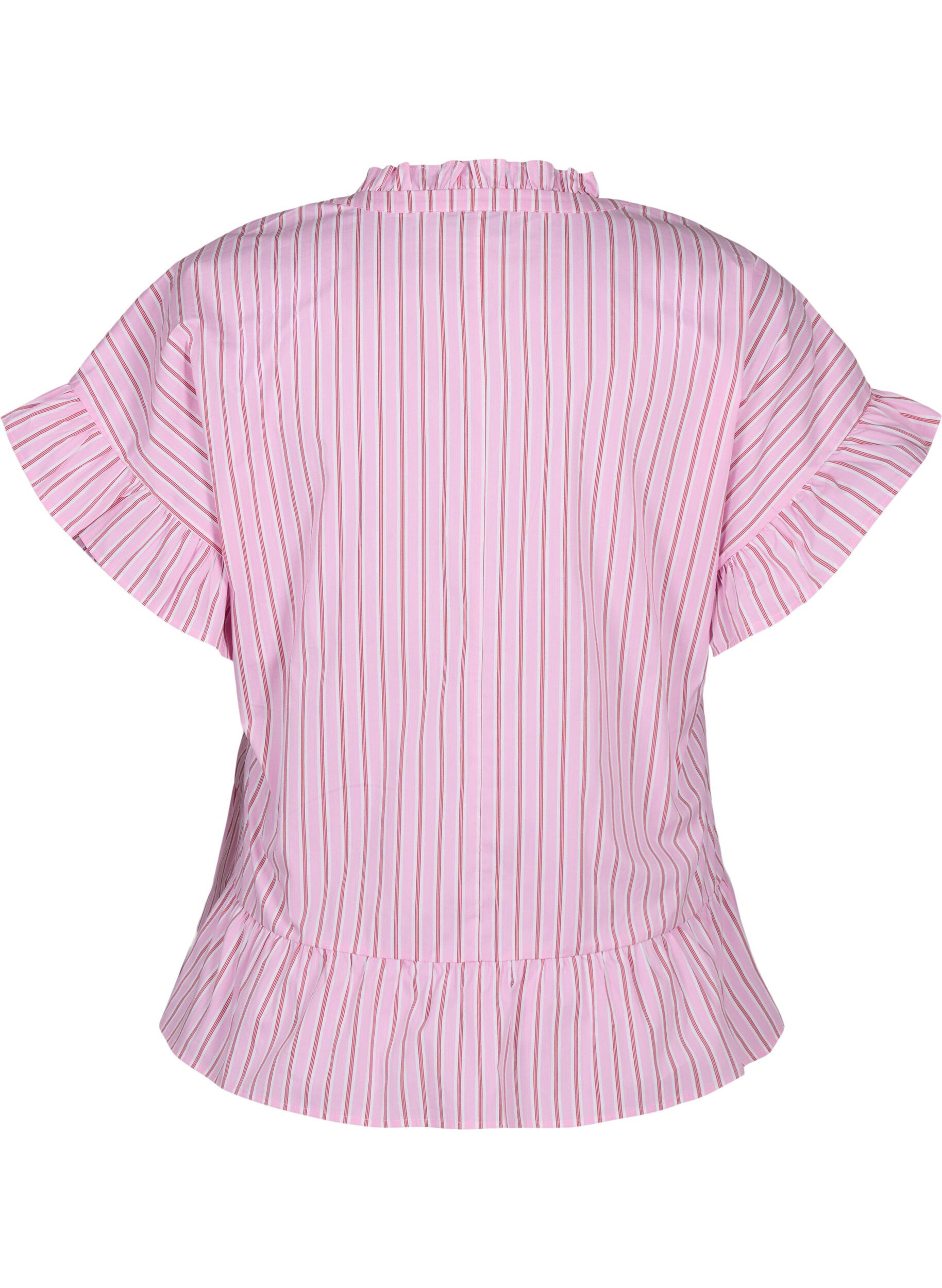 Zizzi Randig blus med peplum och volangdetaljer, Pink Red Stripe, Packshot image number 1