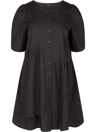 Skjortklänning i bomull med puffärmar, Black, Packshot image number 0