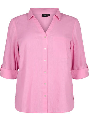 Skjortblus med knappstängning i bomulls- och linneblandning, Rosebloom, Packshot image number 0
