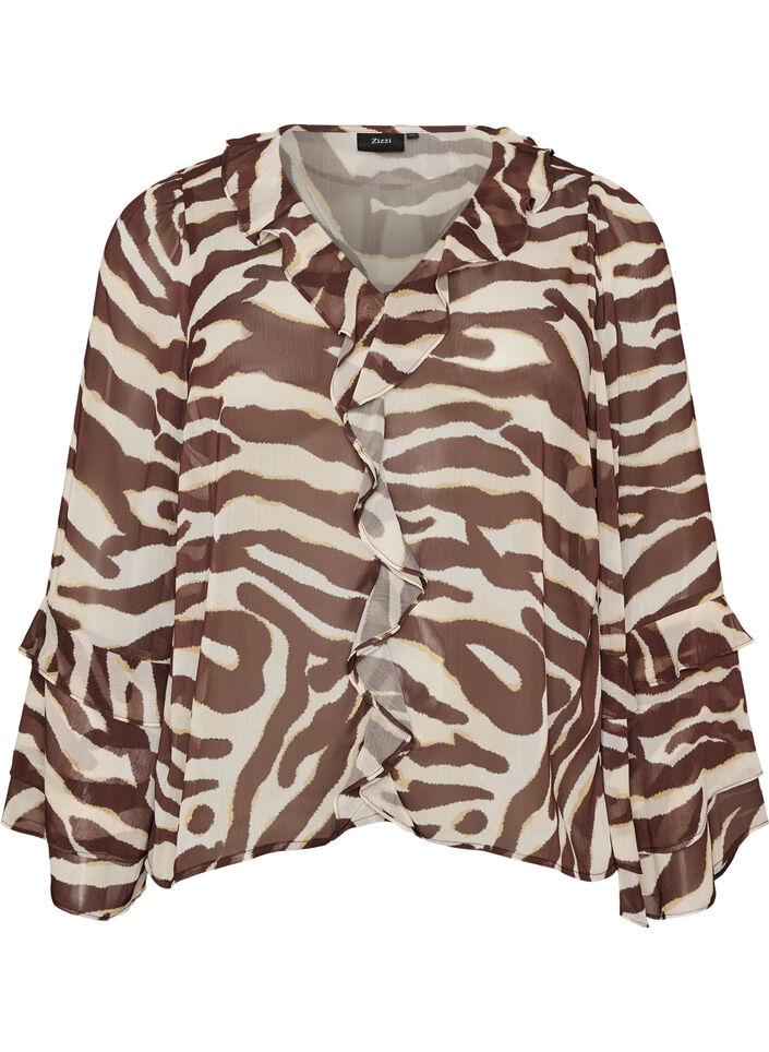 Blus i chiffong med zebram&ouml;nster och volanger, Brun, Packshot image number 0