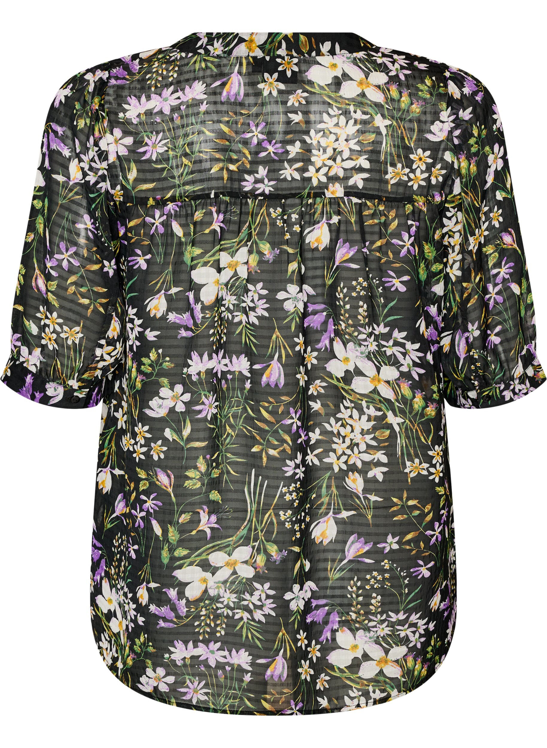 ZizziBlus med blommigt m&ouml;nster och v-ringning, Svart, Packshot image number 1