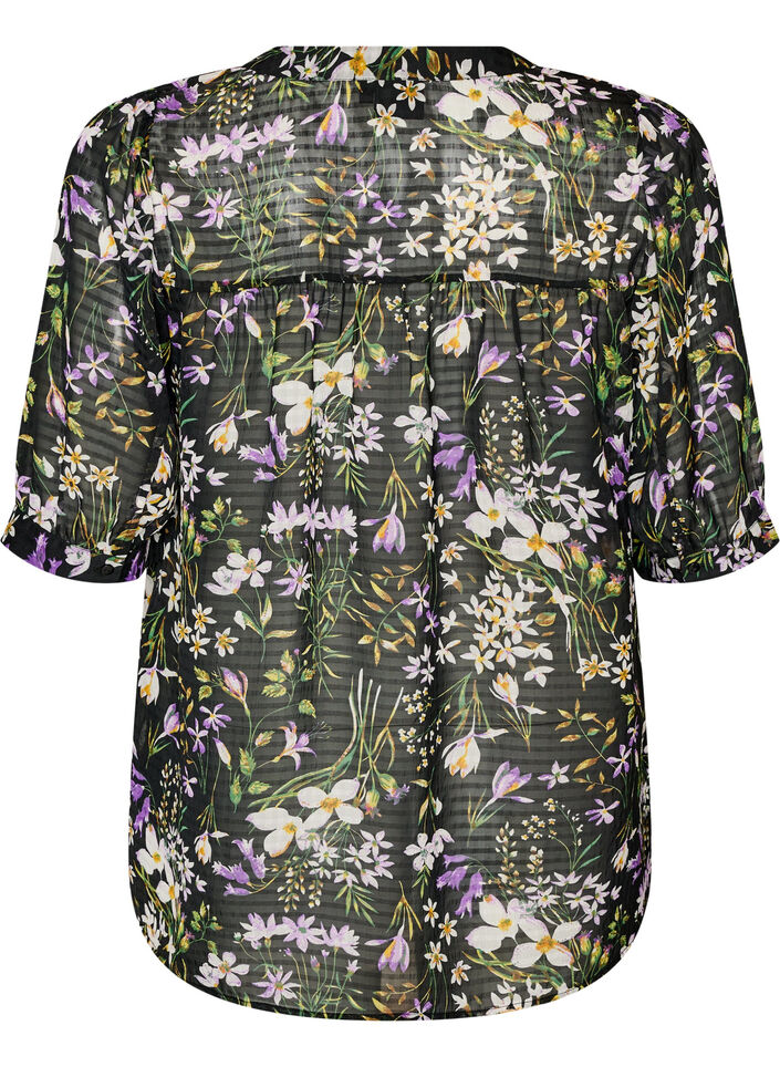 Blus med blommigt m&ouml;nster och v-ringning, Svart, Packshot image number 1