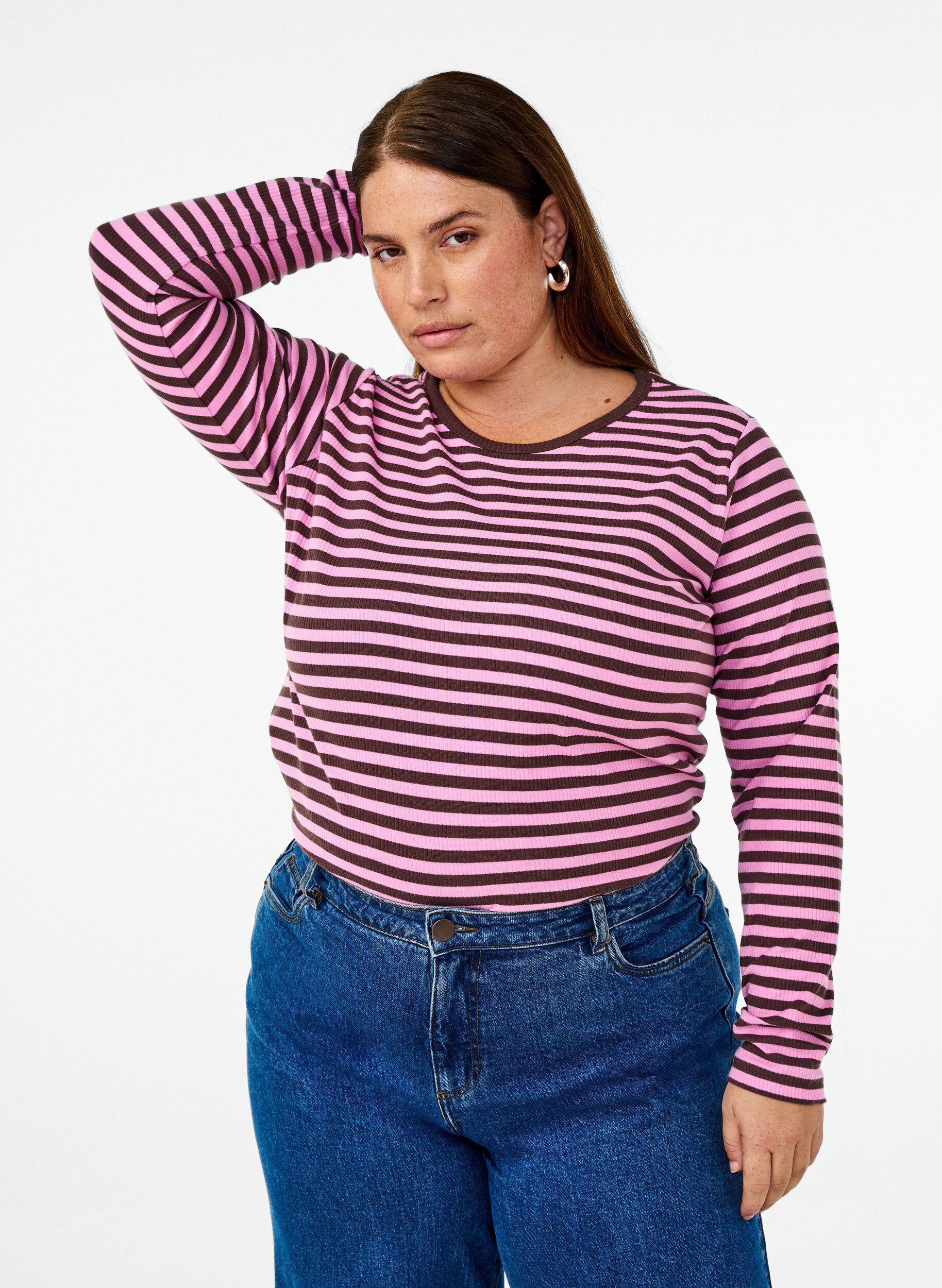 ZizziRandig blus med l&aring;nga &auml;rmar, Rosa, Model image number 0