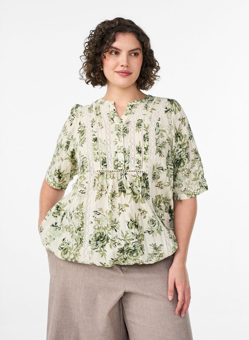 Blus med tryck och halvkorta &auml;rmar, Gr&ouml;n, Model image number 0