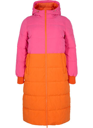 Lång vinterjacka med colour block, Pink W/Orange, Packshot image number 0