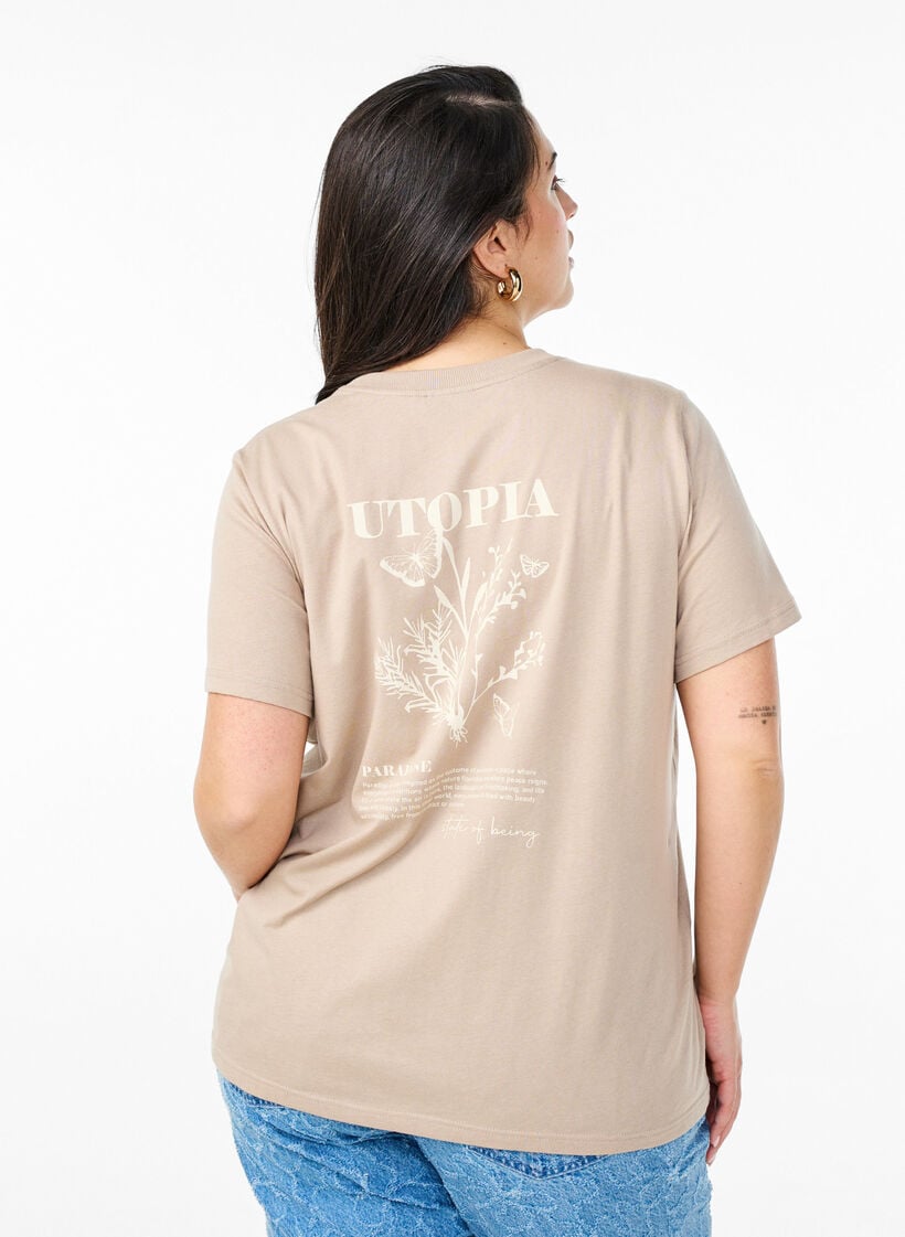 T-shirt i bomull med texttryck och rund halsringning, Brun, Model image number 2
