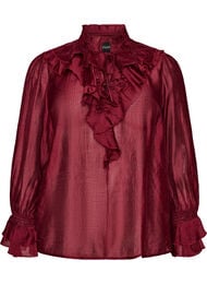 Blus i viskos med volanger och l&aring;nga &auml;rmar, R&ouml;d