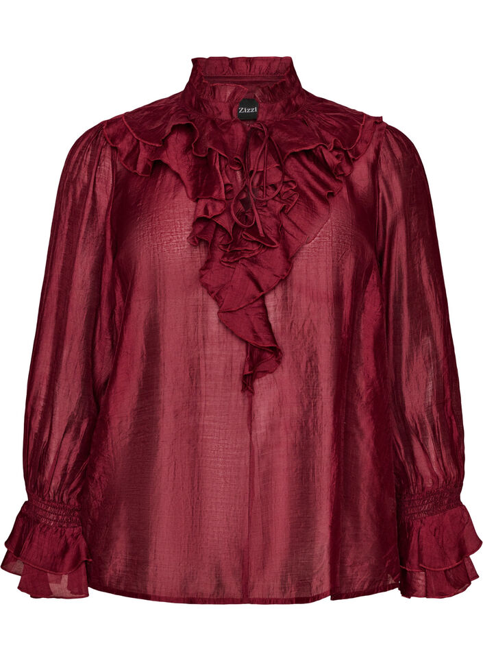 Blus i viskos med volanger och l&aring;nga &auml;rmar, R&ouml;d, Packshot image number 0