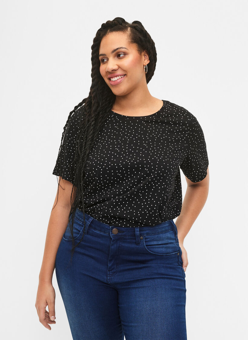 T-shirt i ekologisk bomull med prickar	, Svart, Model image number 0
