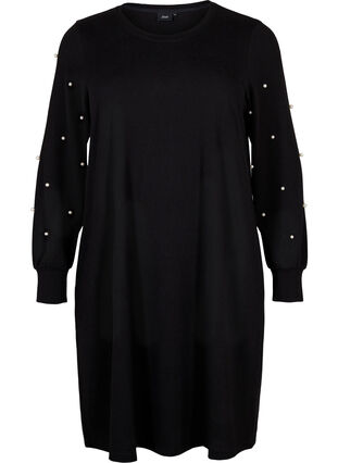 Långärmad klänning med pärldetaljer, Black, Packshot image number 0