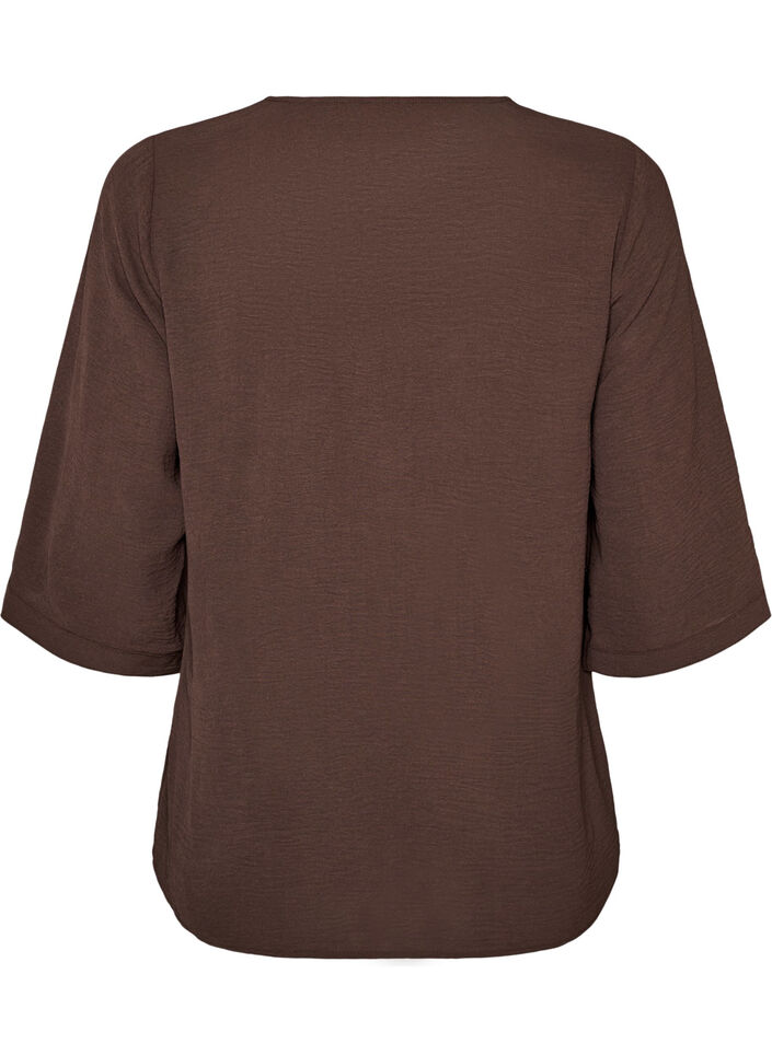 Skjortblus med v-ringning och 3/4-&auml;rm, Brun, Packshot image number 1