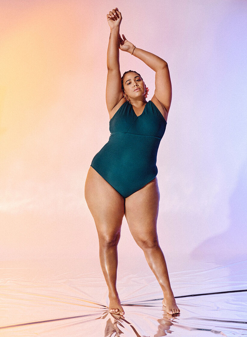 Baddräkt med crepe-struktur och omlott-effekt, Dark Sea, Image image number 0