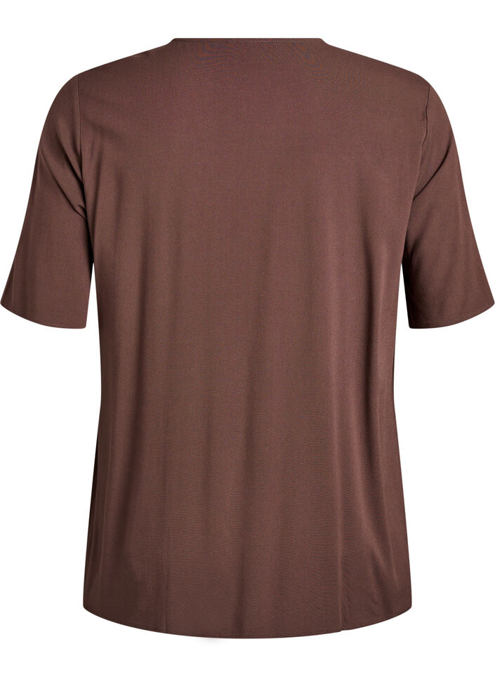 Kort&auml;rmad v&auml;vd blus med rund hals, Brun, Packshot image number 1
