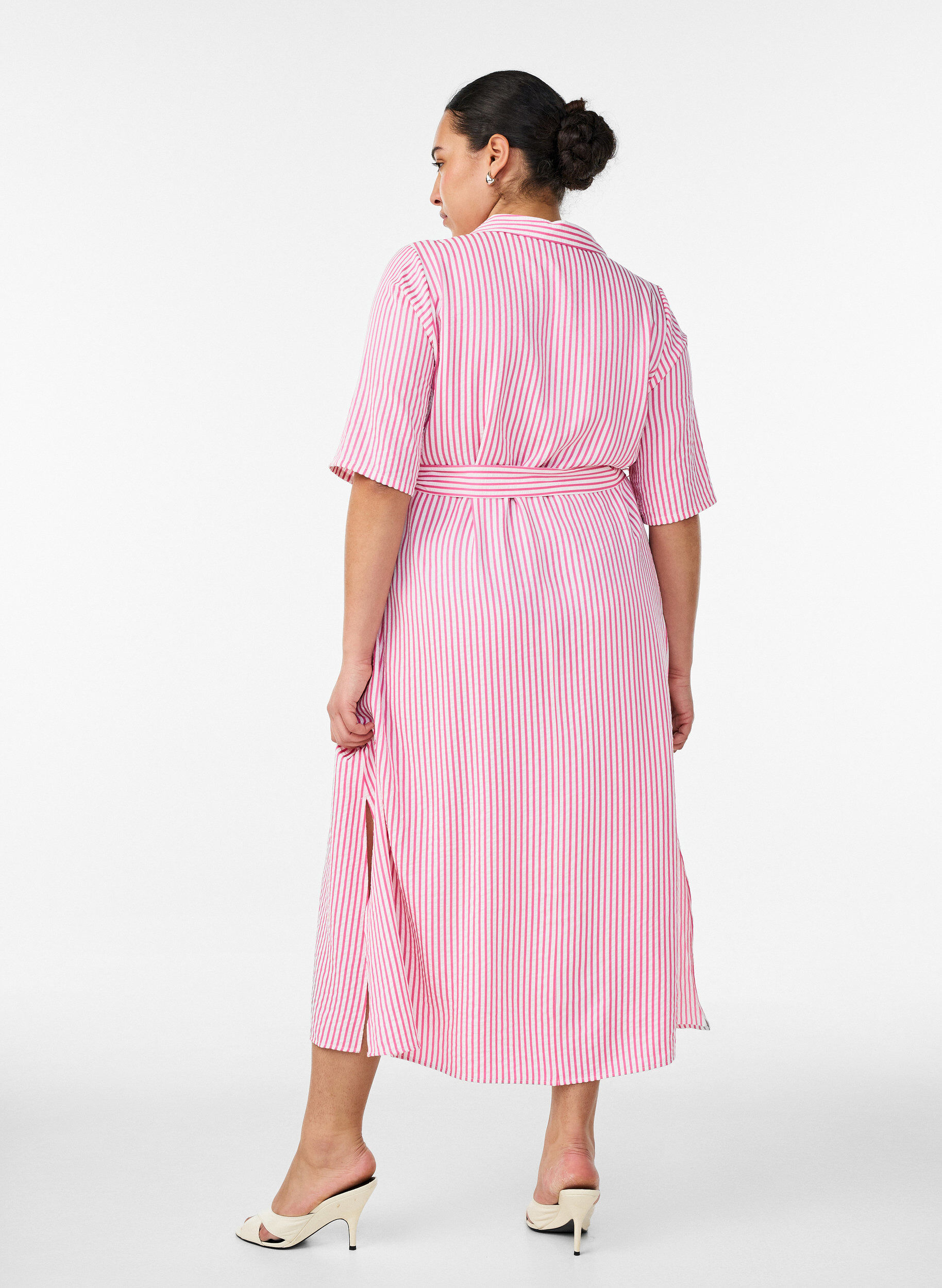 ZizziAnkell&aring;ng skjortkl&auml;nning med knytsk&auml;rp och r&auml;nder, Rosa, Model image number 1