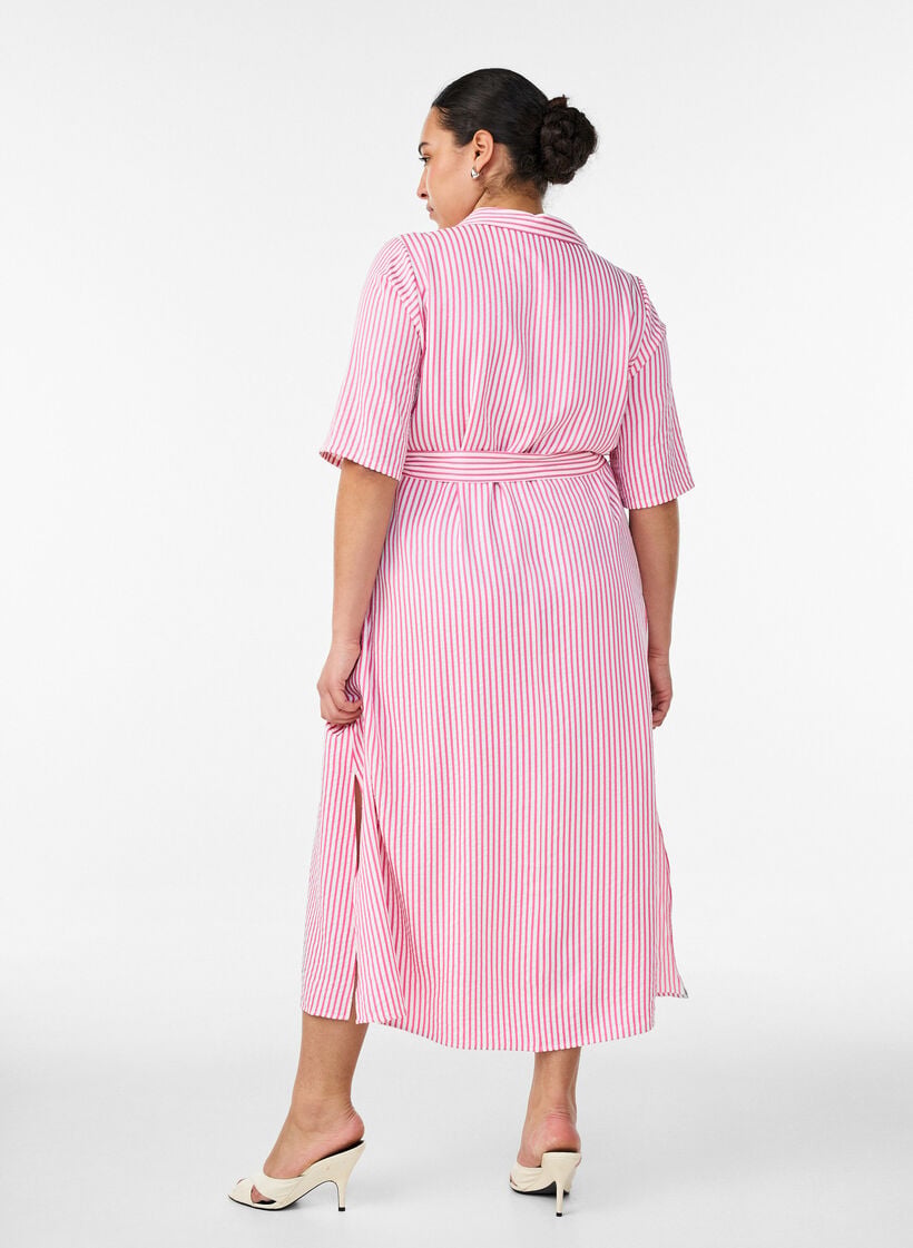 Ankell&aring;ng skjortkl&auml;nning med knytsk&auml;rp och r&auml;nder, Rosa, Model image number 1