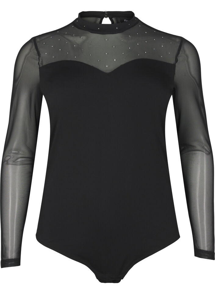 Body med nitar och långa ärmar i mesh, Black, Packshot image number 0