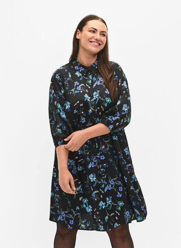 Skjortklänning med trekvartsärm och blommigt tryck, Blue Flower AOP, Model image number 0