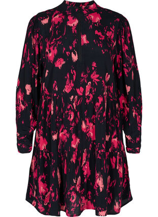 Långärmad tunika i viskos med dragkedja och mönster, Black Pink AOP, Packshot image number 0