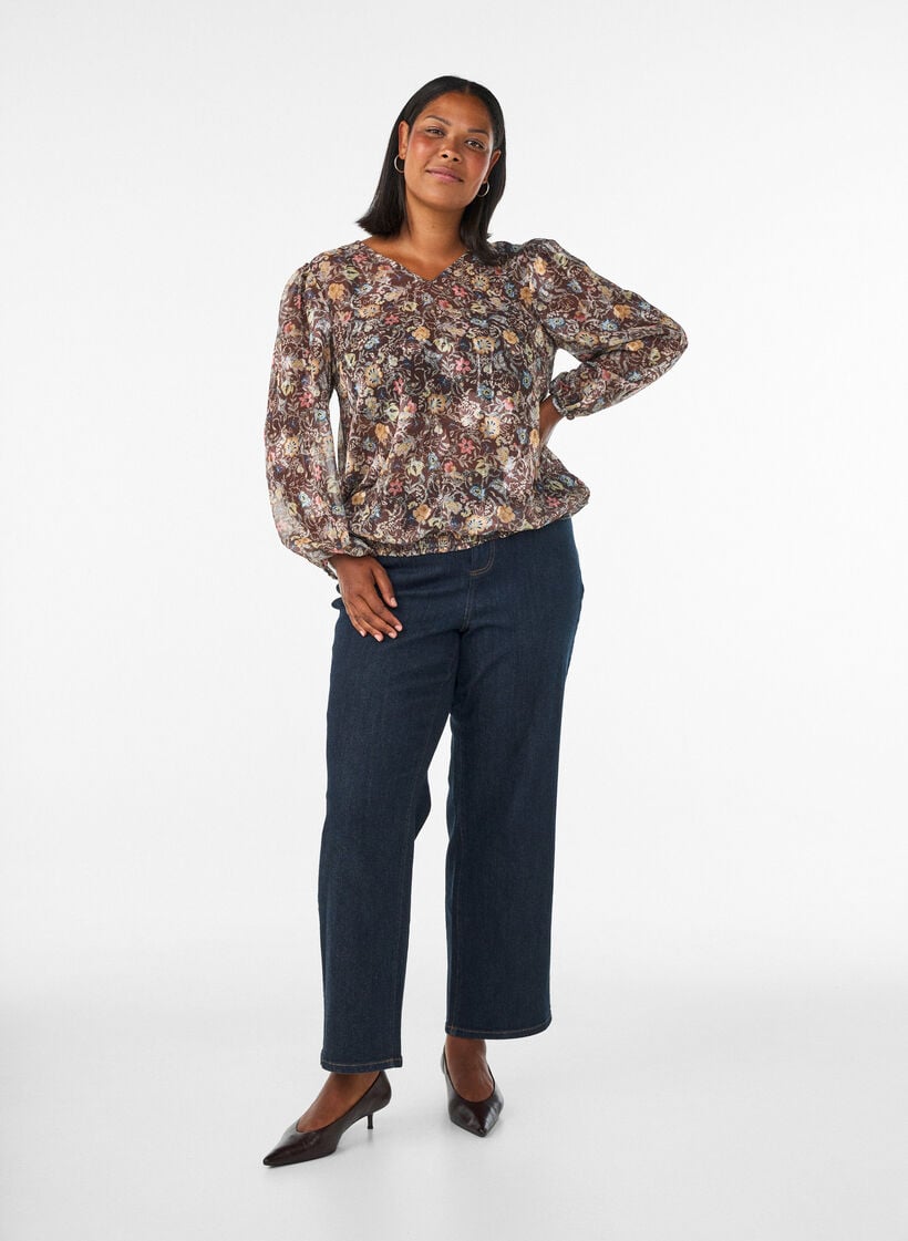 Blus med blommigt m&ouml;nster och ballong&auml;rmar, Brun, Model image number 1