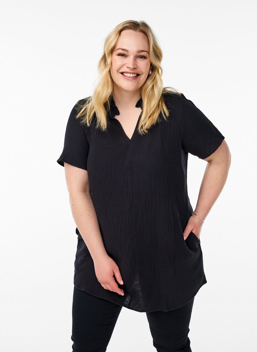 Tunika i muslinbomull med korta ärmar, Svart, Model image number 0