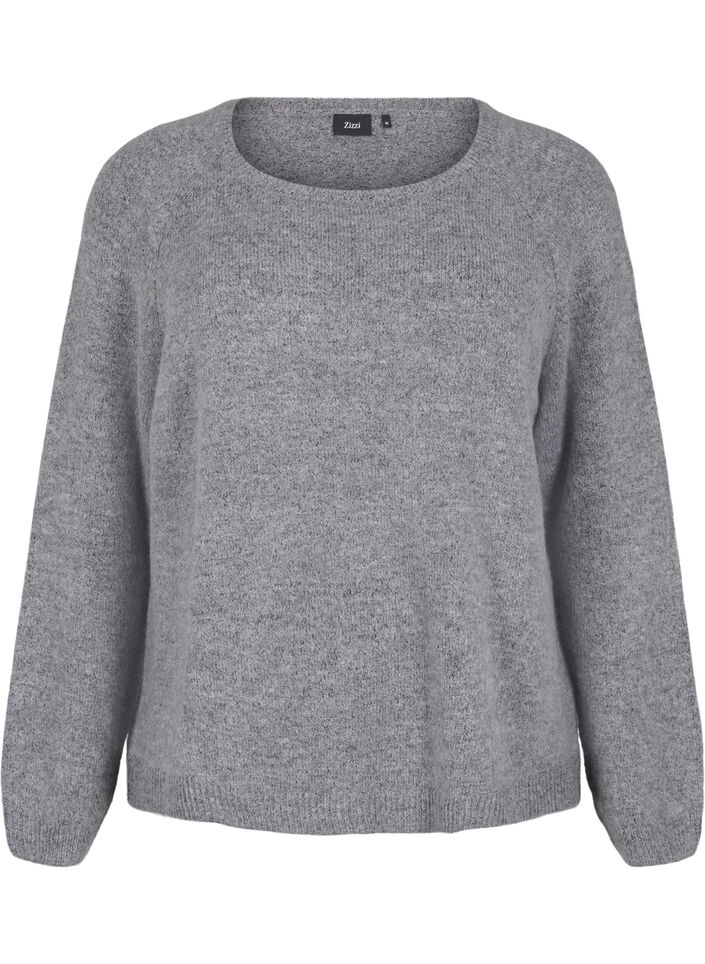 Löst sittande stickad blus med rund hals, Medium Grey Melange, Packshot image number 0