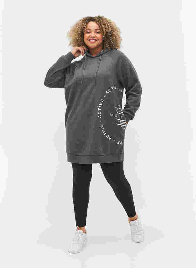 Lång sweatshirt med huva och tryck, Dark Grey Melange, Model image number 2