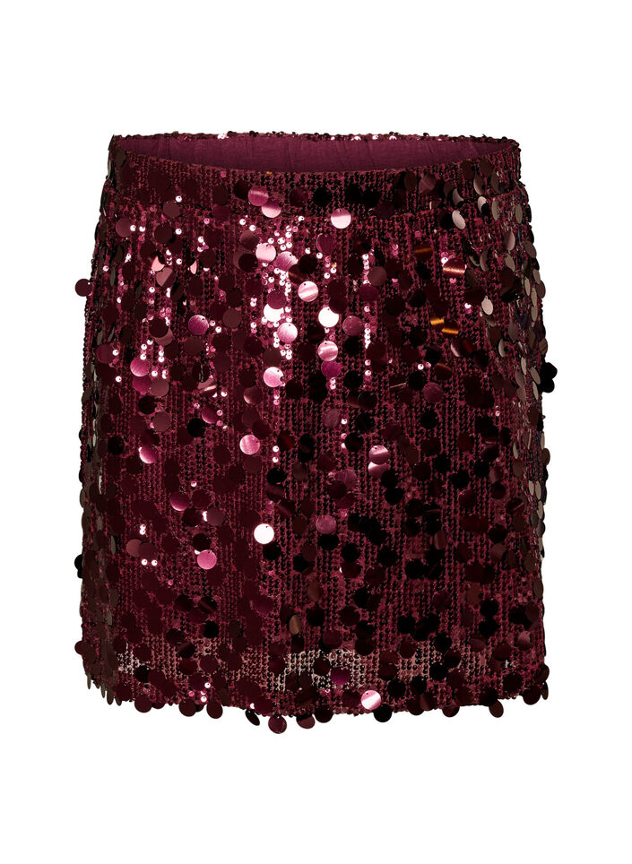 Kort paljettkjol med res&aring;r i midjan, M&ouml;rk Bordeaux, Packshot image number 0