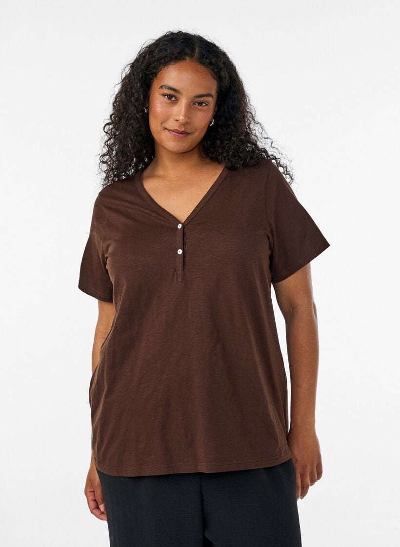 T-shirt med knappdetalj, Brun, Model image number 0