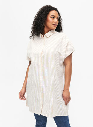 Lång randig bomullsskjorta, White/Natrual Stripe, Model image number 0