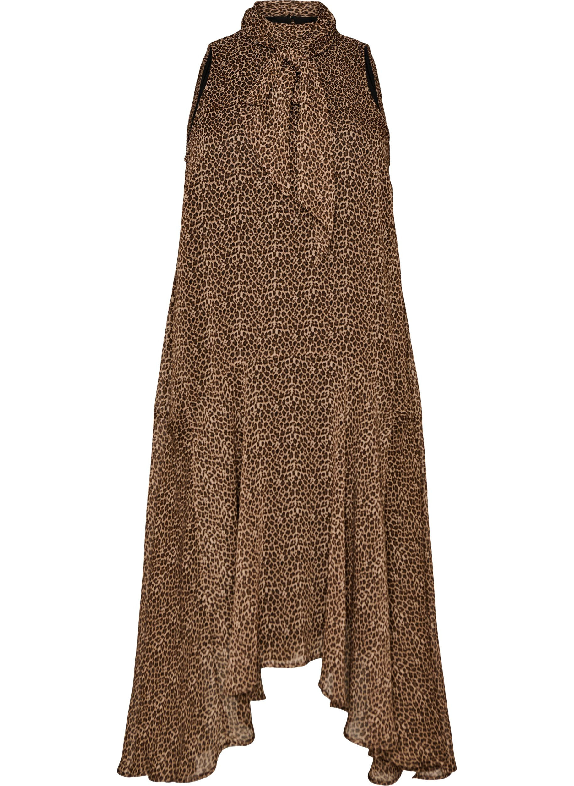 ZizziMidikl&auml;nning i chiffon med leopardm&ouml;nster och knytsk&auml;rp, Brun, Packshot image number 0