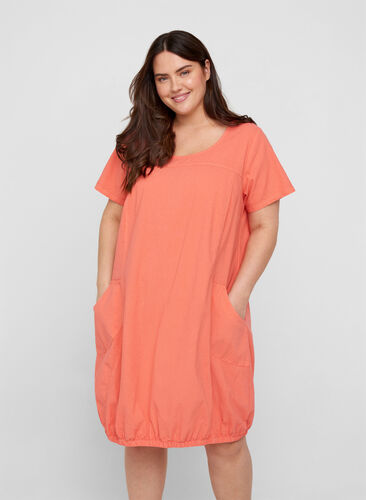 Kortärmad klänning i bomull, Hot Coral, Model image number 0