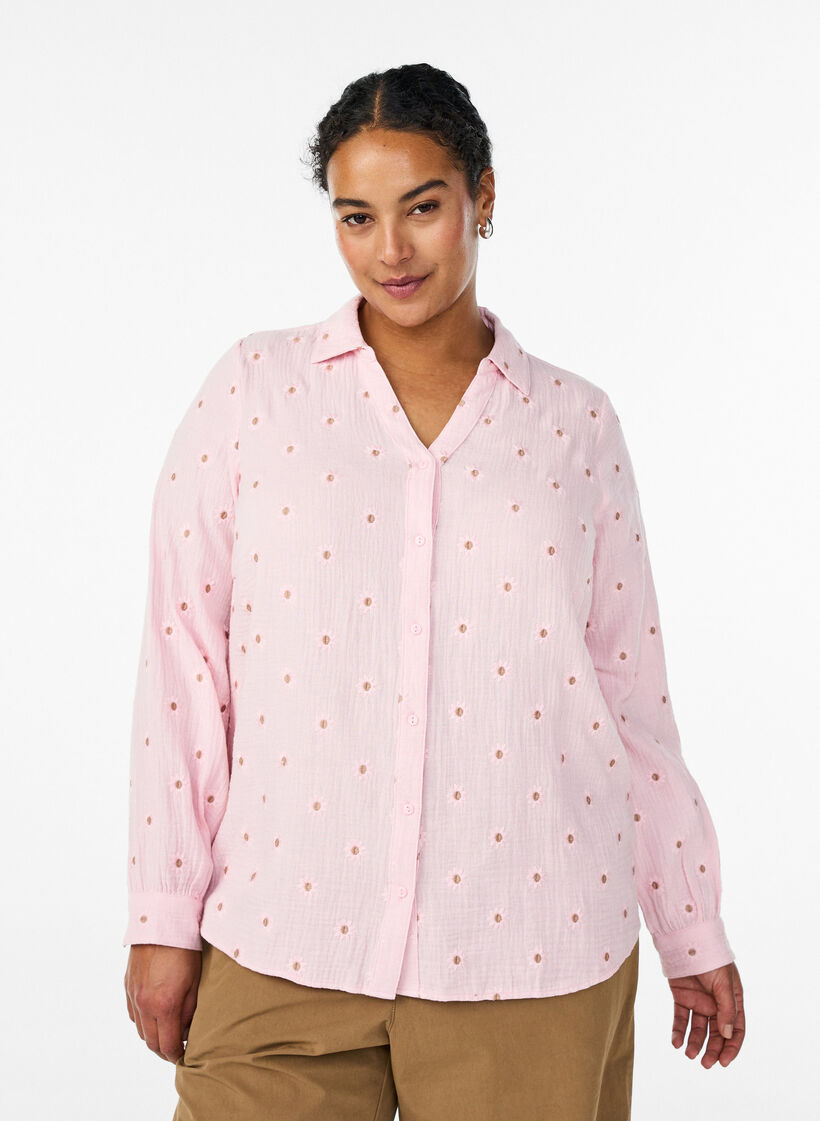 L&aring;ng&auml;rmad blus i bomullsmuslin med broderade motiv, Rosa, Model image number 0