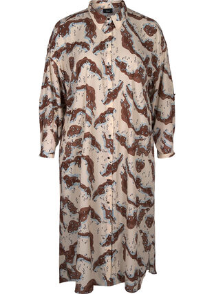 Mönstrad klänning med långa ärmar och knappar, Camouflage AOP, Packshot image number 0