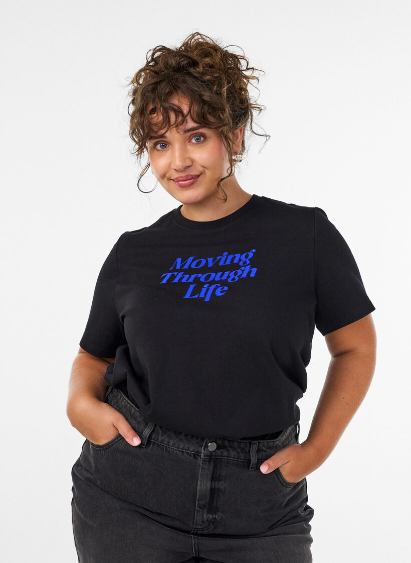 T-shirt i bomull med texttryck, Svart, Model image number 0