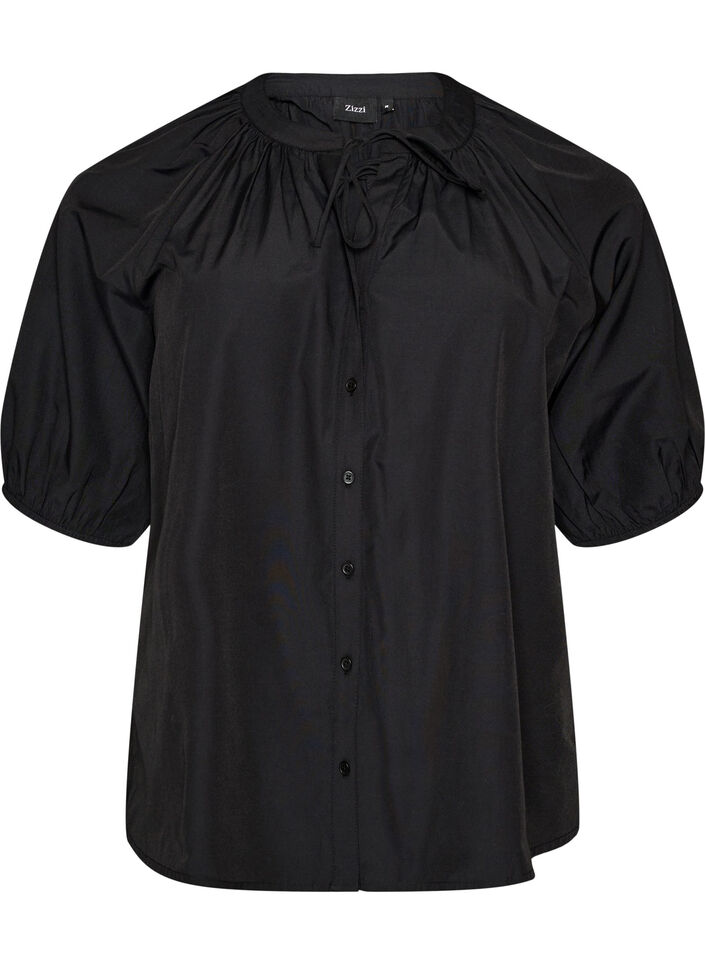 Skjortblus med kn&auml;ppning och knytsk&auml;rp, Svart, Packshot image number 0