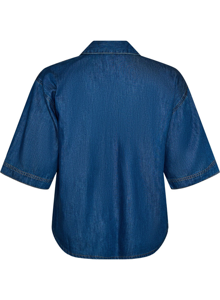 Denimblus med en br&ouml;stficka och armb&aring;gsl&aring;nga &auml;rmar, Bl&aring;, Packshot image number 1
