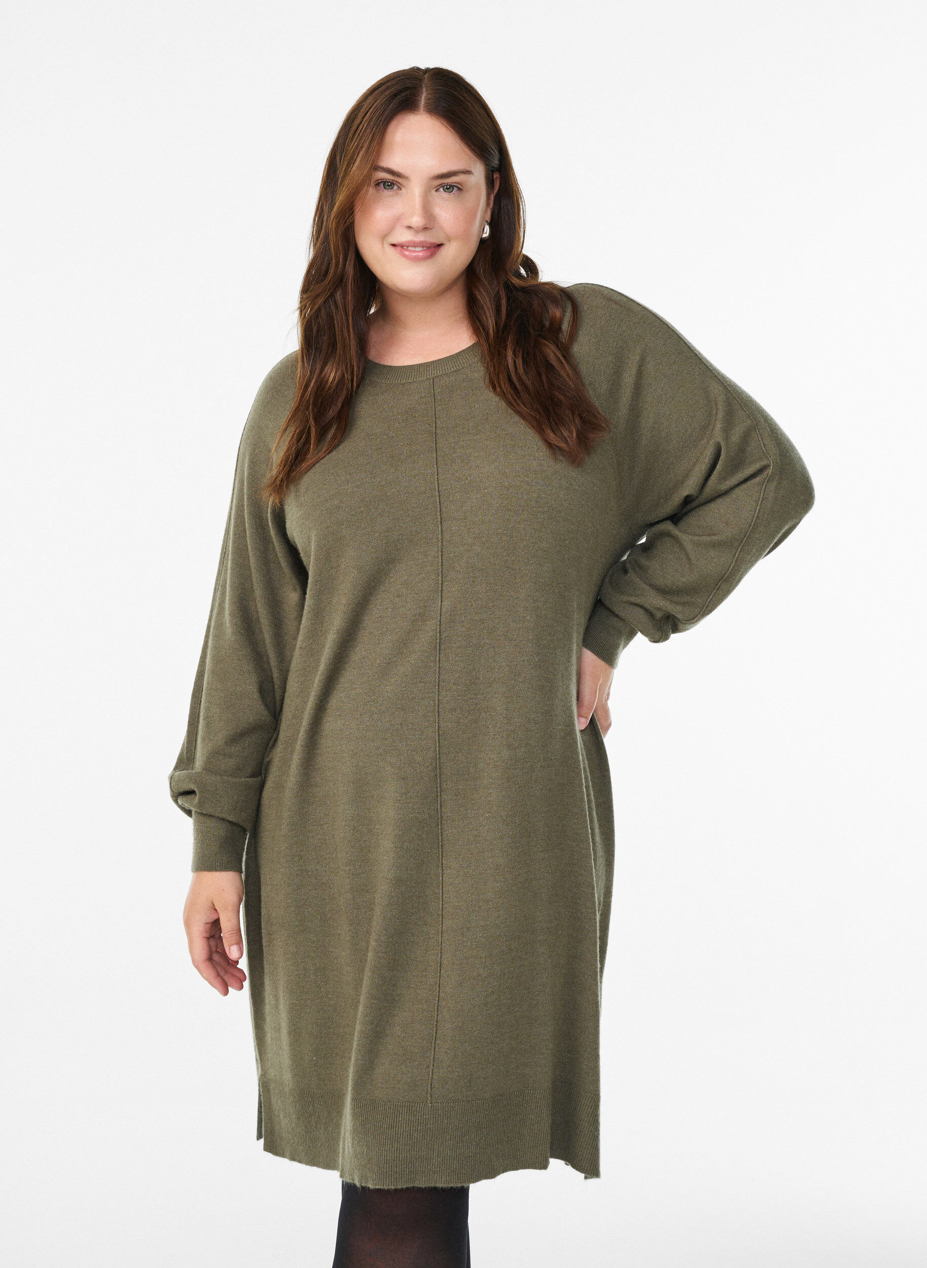 ZizziStickad kort kl&auml;nning med raglan&auml;rm och mitts&ouml;m, Gr&ouml;n, Model image number 0