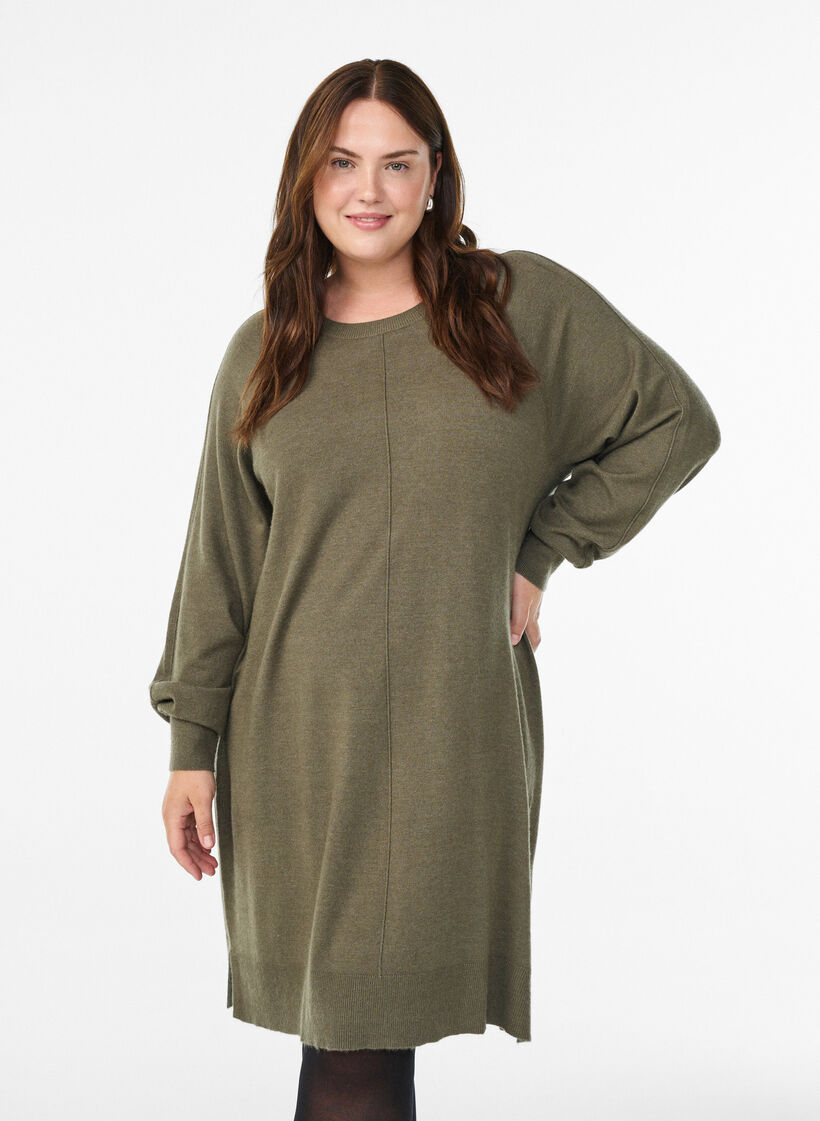 Stickad kort kl&auml;nning med raglan&auml;rm och mitts&ouml;m, Gr&ouml;n, Model image number 0