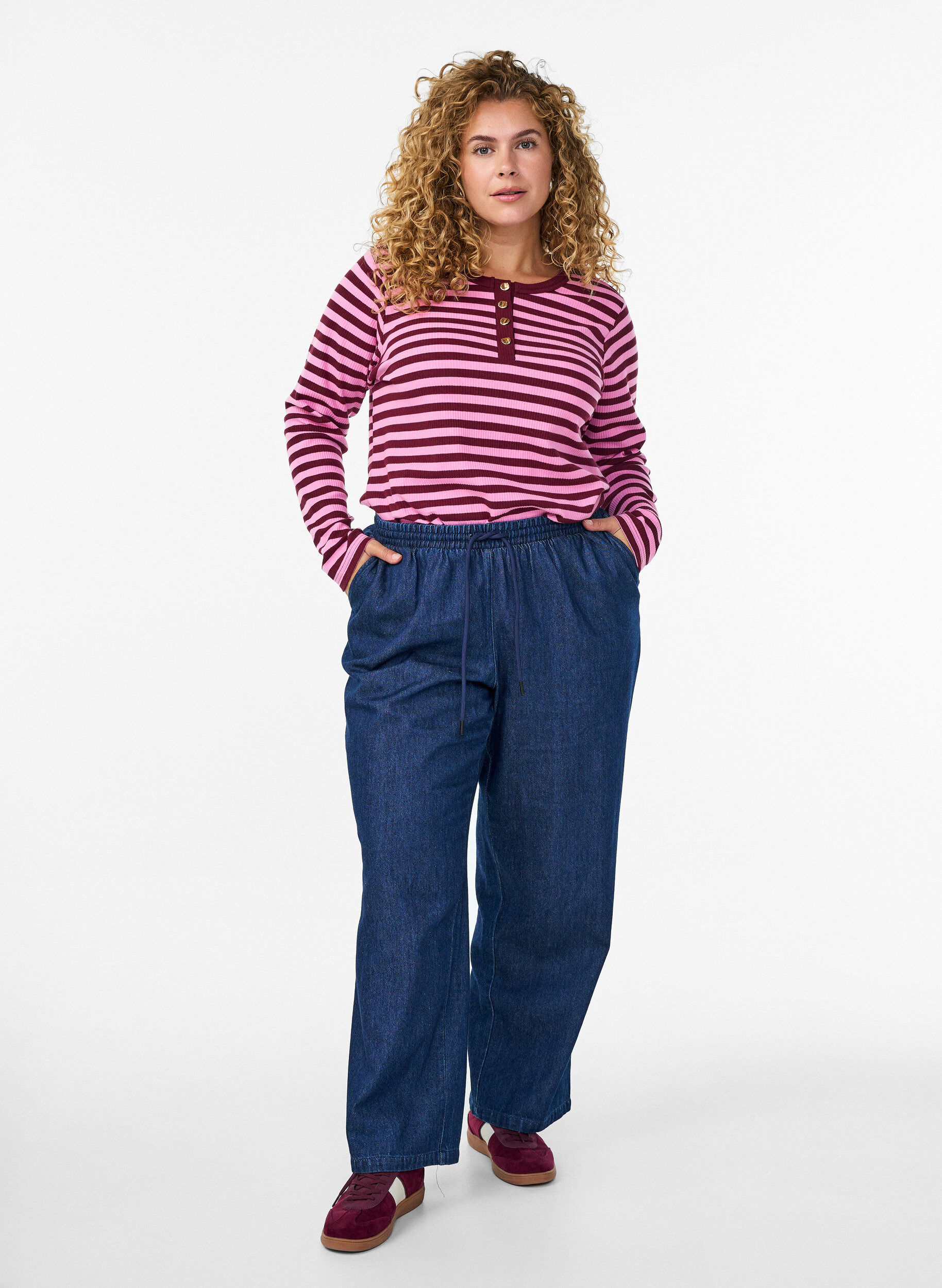 Zizzi Randig jerseyblus med ribbstickad textur, Rosa, Model image number 1