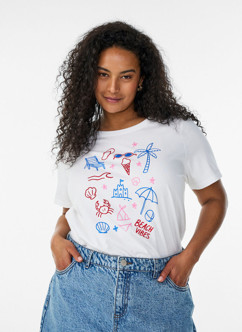 T-shirt i ekologisk bomull med strandtryck, Vit, Model image number 0
